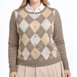 New York & Company Rhinestone Argyle Women’s Large Preppy Cardigan Sweater